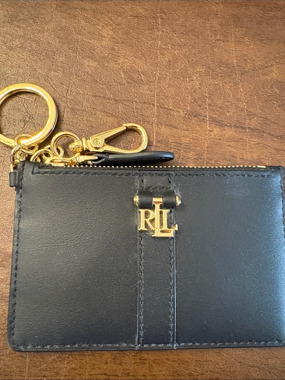 NWT! Lauren Ralph Lauren Black Leather Zip Card Case with Gold Hardware